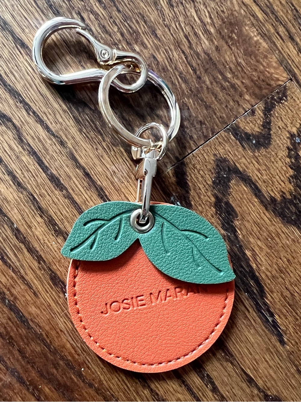 JOSIE MARAN Orange Leather Fruit Key Charm with Green Leaves NWT
